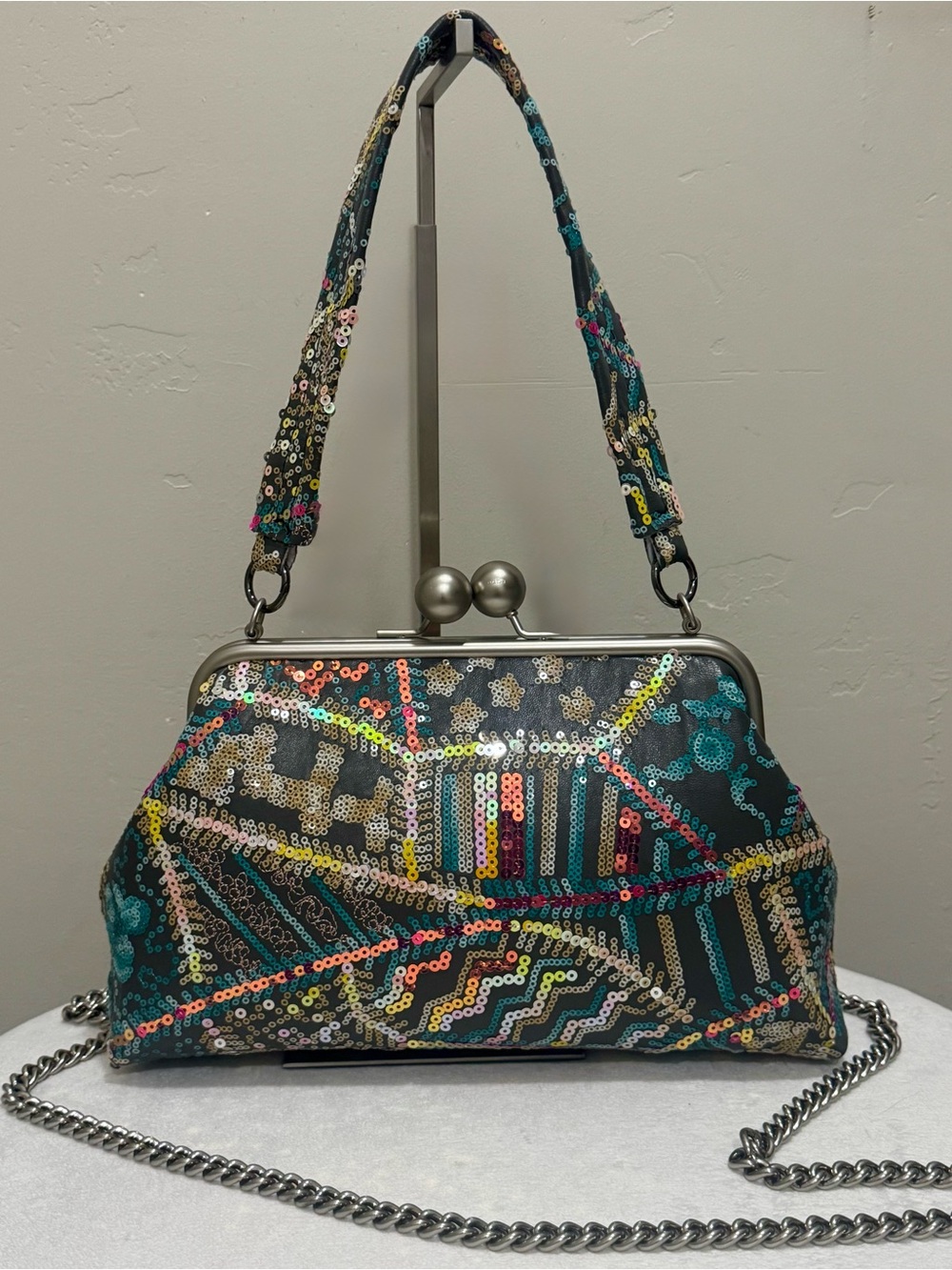 Sequin Embroidered Leather Handmade Kisslock Frame Clutch Bag, Crossbody
